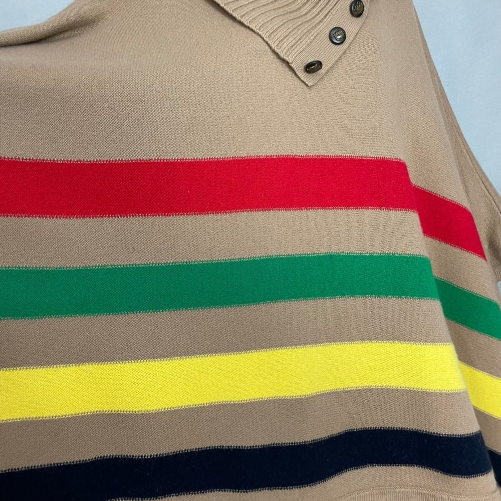 Lauren Ralph Lauren Poncho Women Small Medium Tan Multi Stripe Button Wool Blend - Picture 10 of 16